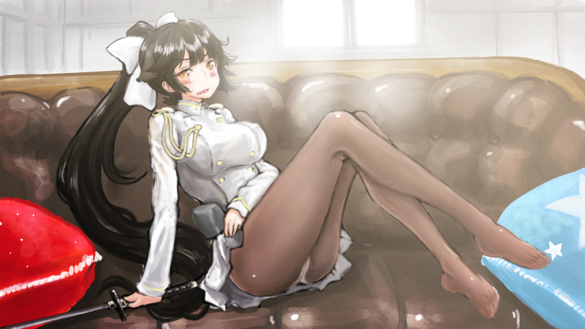 1girl absurdres aiguillette animal_ears artist_request azur_lane bangs black_hair blush bow breasts buttons collar commentary_request couch crotch_seam double-breasted embarrassed hair_bow highres katana large_breasts legs_crossed legs_up long_hair military military_uniform open_mouth panties panties_under_pantyhose pantyhose pantyshot pantyshot_(sitting) ponytail shoes_removed sitting sketch skirt solo sword takao_(azur_lane) underwear uniform very_long_hair weapon white_panties white_skirt yellow_eyes