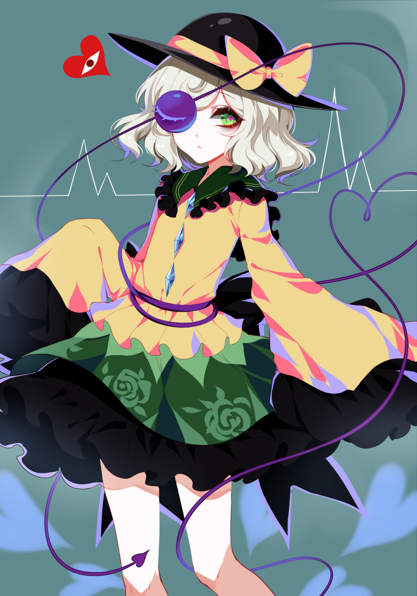 1girl absurdres bow cowboy_shot floral_print frills green_background green_eyes green_hair green_skirt hat hat_bow heart heart-shaped_pupils highres komeiji_koishi long_sleeves petticoat sheya shirt short_hair skirt sleeves_past_wrists symbol-shaped_pupils third_eye touhou wide_sleeves yellow_bow yellow_shirt