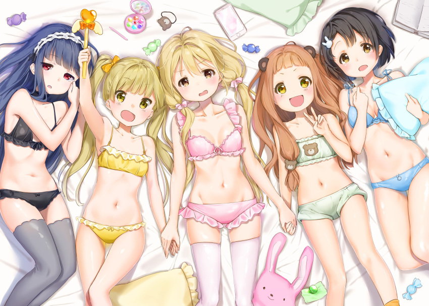 5girls :d animal_ears bare_shoulders bear_ears bear_hair_ornament bed_sheet black_bra black_hair black_panties blonde_hair blue_bra blue_hair blue_panties book boyshorts bra breasts brown_eyes brown_hair bunny_hair_ornament candy candy_wrapper cellphone character_request collarbone commentary_request flat_chest food from_above futaba_anzu green_bra green_panties grey_legwear groin hair_ornament hair_ribbon hairclip hand_holding headdress highres idolmaster idolmaster_cinderella_girls long_hair looking_at_viewer low_twintails lying multiple_girls navel ogata_chieri on_back open_book open_mouth panties phone pillow pink_bra pink_legwear pink_panties red_eyes ribbon shiratama_akane short_hair small_breasts smartphone smile stomach stuffed_animal stuffed_bunny stuffed_toy thigh_gap twintails underwear underwear_only v wand yellow_bra yellow_eyes yellow_panties
