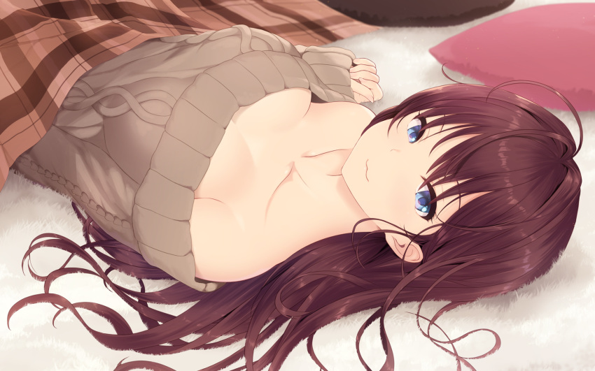 1girl :3 ahoge bare_shoulders blanket blue_eyes breasts brown_hair cait carpet collarbone commentary_request highres ichinose_shiki idolmaster idolmaster_cinderella_girls kotatsu large_breasts long_hair looking_at_viewer lying off_shoulder on_back pillow ribbed_sweater solo sweater table