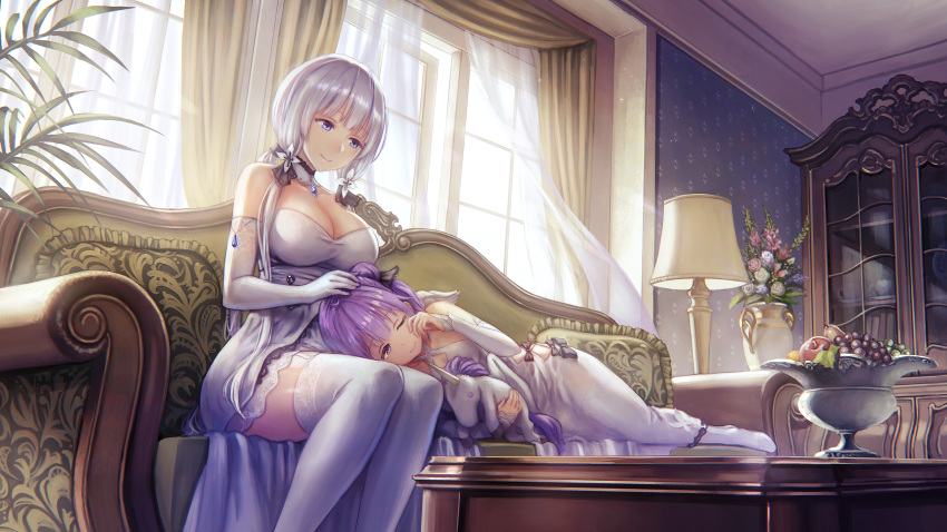 2girls anbe_yoshirou azur_lane blue_eyes breasts cleavage couch cupboard curtains dress elbow_gloves gloves highres illustrious_(azur_lane) lampshade lap_pillow large_breasts lying multiple_girls on_side revision stuffed_animal stuffed_toy thigh-highs unicorn_(azur_lane) white_hair white_legwear window
