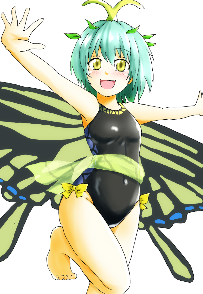 1girl absurdres antennae aqua_hair barefoot black_swimsuit breasts brown_eyes butterfly_wings d-m_(dii_emu) eternity_larva highres leaf leaf_on_head looking_at_viewer one-piece_swimsuit open_mouth outstretched_arm outstretched_arms sash short_hair small_breasts smile solo spread_arms swimsuit touhou wings