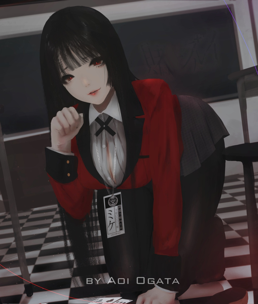 1girl aoi_ogata arm_up bangs black_hair blunt_bangs breasts commission eyebrows_visible_through_hair full_body highres kakegurui large_breasts lips long_hair long_sleeves looking_at_viewer open_clothes open_shirt parted_lips red_eyes shirt solo white_shirt