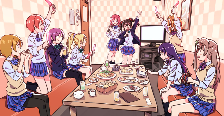 &gt;_&lt; 6+girls :d ;d arms_up ayase_eli black_hair black_legwear blonde_hair blue_hair bow box brown_hair cake cardigan_vest checkered_wall cheering chopsticks couch cup door drinking_glass food glowstick hair_bow highres holding holding_drinking_glass hoshizora_rin indoors instrument karaoke kneehighs kneeling koizumi_hanayo kousaka_honoka long_hair looking_at_another love_live! love_live!_school_idol_project megumegu_hosi_117 minami_kotori multiple_girls music nishikino_maki one_eye_closed one_side_up open_mouth orange_hair otonokizaka_school_uniform pizza plate pleated_skirt ponytail purple_hair redhead rice rice_bowl school_uniform short_hair singing sitting skirt smile sonoda_umi sweatdrop table tambourine television thigh-highs toujou_nozomi twintails yazawa_nico