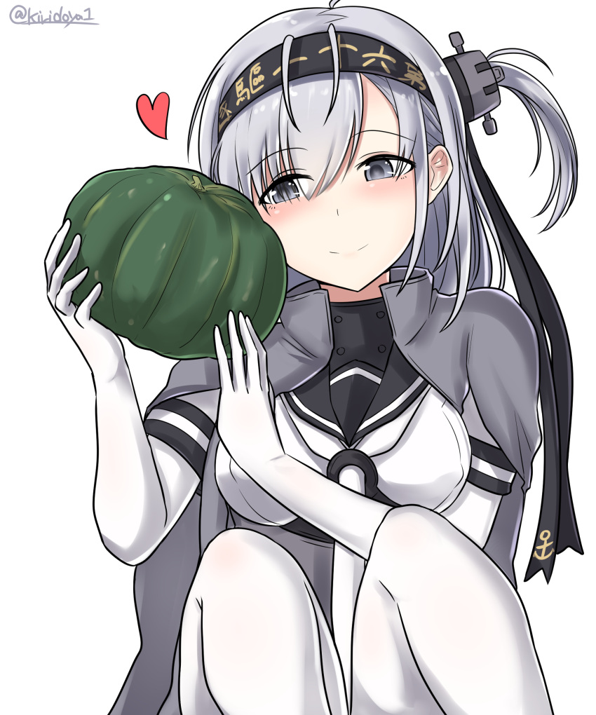 1girl absurdres black_headband black_sailor_collar bodysuit clothes_writing food grey_eyes hachimaki headband highres holding holding_food kantai_collection kiritto long_hair pumpkin sailor_collar school_uniform serafuku short_sleeves silver_hair simple_background smile solo suzutsuki_(kantai_collection) twitter_username white_background white_bodysuit