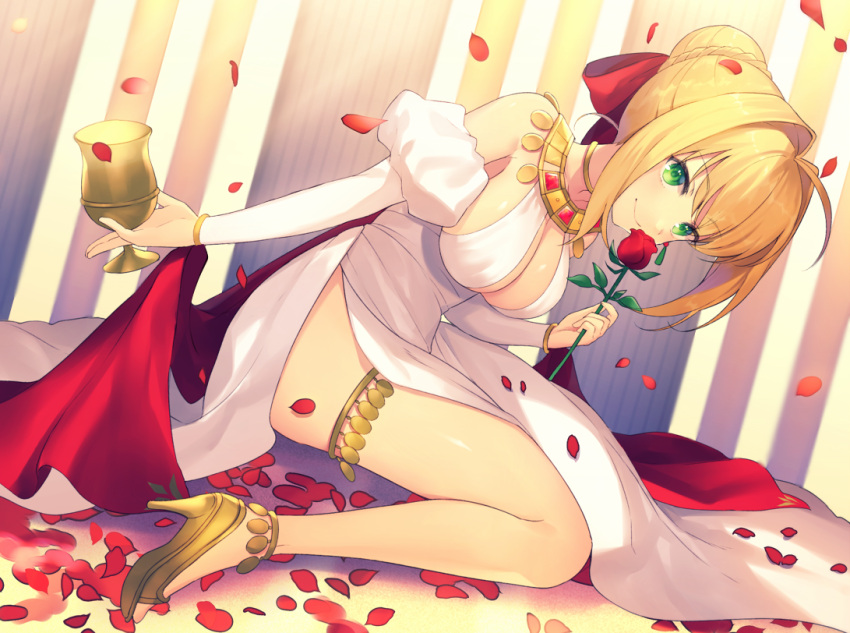 1girl achiki blonde_hair breasts detached_sleeves fate_(series) flower green_eyes high_heels nero_claudius_(fate) nero_claudius_(fate)_(all) petals rose rose_petals