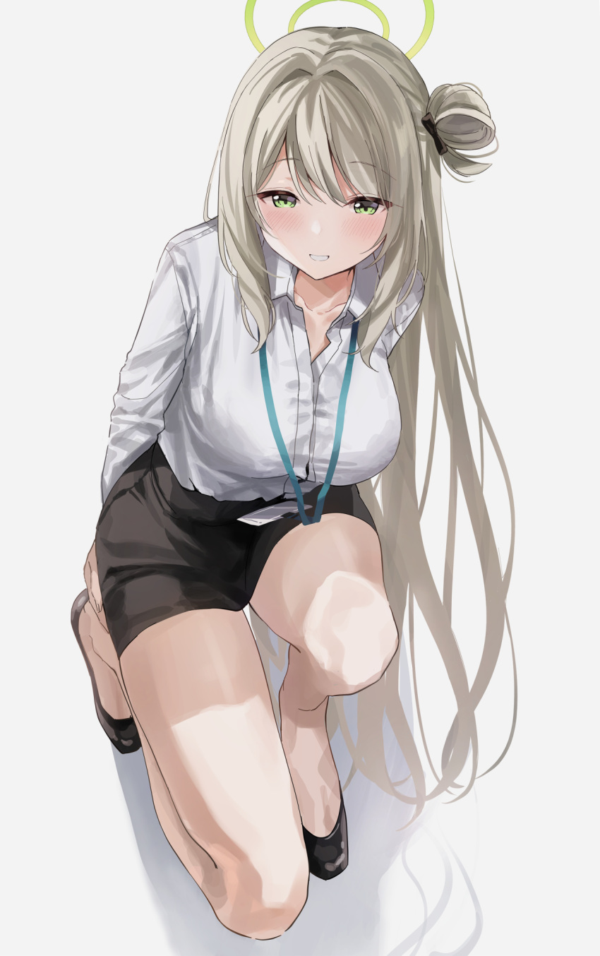 1girl bare_legs black_footwear black_skirt blue_archive blush breasts brown_hair collared_shirt dress_shirt eyebrows_visible_through_hair green_eyes grin hair_between_eyes hair_bun hair_intakes halo highres id_card kneeling lanyard large_breasts long_hair long_sleeves miniskirt nonomi_(blue_archive) office_lady pencil_skirt ponpon_nun shirt simple_background skirt smile solo very_long_hair white_shirt