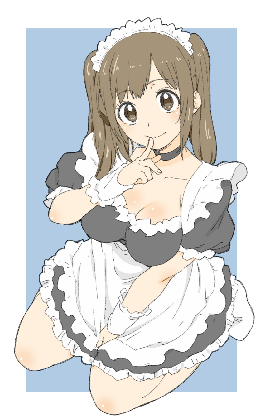 1girl absurdres apron bangs between_legs black_choker blue_background breasts brown_eyes brown_hair choker donguri_suzume eyebrows_visible_through_hair fingernails full_body hand_between_legs head_tilt highres maid maid_apron maid_headdress medium_breasts original puffy_short_sleeves puffy_sleeves short_sleeves simple_background sitting smile socks solo twintails waist_apron white_legwear wrist_cuffs