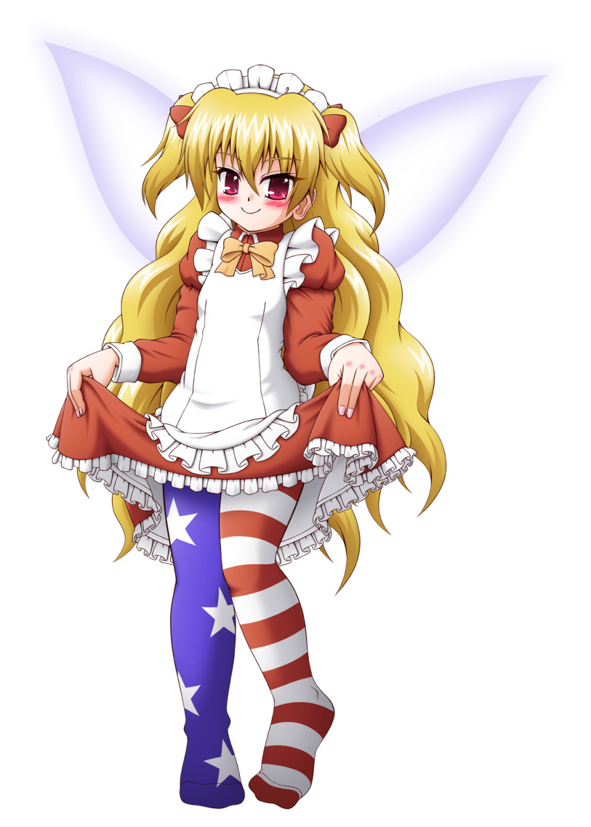 1girl alternate_costume alternate_hairstyle american_flag american_flag_legwear american_flag_print apron asymmetrical_clothes asymmetrical_legwear bangs blonde_hair blush bow bowtie breasts c: closed_mouth clownpiece collared_dress commentary_request dress dress_lift enmaided eyebrows eyebrows_visible_through_hair eyelashes fairy fairy_wings fingernails flag_print frilled_apron frilled_dress frills full_body hair_between_eyes hair_ribbon highres horizontal-striped_legwear horizontal_stripes kappei knees_together_feet_apart lifted_by_self lips long_hair maid maid_apron maid_headdress multicolored multicolored_clothes multicolored_legwear orange_bow orange_neckwear pink_eyes red_dress red_ribbon ribbon shiny shiny_hair simple_background small_breasts smile solo standing star star_print striped striped_legwear touhou transparent_background tsurime two_side_up very_long_hair wavy_hair white_apron wings