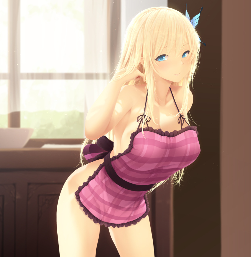 1girl apron blonde_hair blue_eyes blush boku_wa_tomodachi_ga_sukunai breasts butterfly butterfly_hair_ornament cait cleavage collarbone curtains day frilled_apron frills hair_ornament highres indoors kashiwazaki_sena large_breasts leaning_forward long_hair looking_at_viewer naked_apron open_mouth pink_apron plaid plaid_apron smile solo window