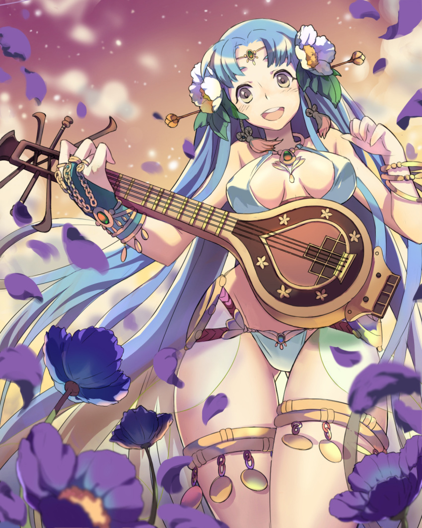 1girl blue_hair bra bracelet brown_eyes choker clouds dao_(sword_girls) flower guitar hair_flower hair_ornament harem_outfit highres instrument jewelry long_hair open_mouth original panties petals see-through showgirl_skirt sky smile solo thigh_gap thighlet underwear underwear_only very_long_hair white_bra white_panties