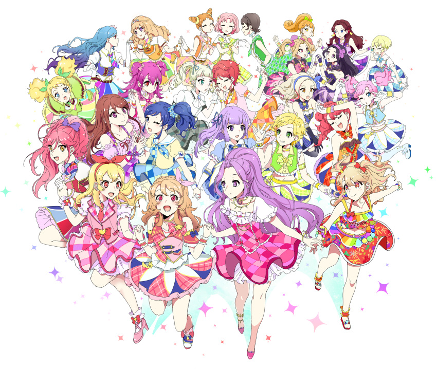 6+girls ^_^ ^o^ absurdres aikatsu! amahane_madoka aqua_eyes arisugawa_otome bare_shoulders black_hair blonde_hair blue_eyes blue_hair blush bow braid brown_eyes brown_hair closed_eyes crown_braid daichi_nono double_bun dress drill_hair everyone fang fingerless_gloves flower frilled_skirt frills fujiwara_miyabi_(aikatsu!) gloves hair_bow hair_flower hair_ornament hair_ribbon hair_scrunchie hairband hand_holding hattori_yuu high_heels highres hikami_sumire himesato_maria hoshimiya_ichigo ichinose_kaede idol jewelry kamiya_shion kanzaki_mizuki kazesawa_sora kiriya_aoi kitaouji_sakura kurebayashi_juri kurisu_kokone kurosawa_rin_(aikatsu!) long_hair mgn0isi midriff minowa_hikari multicolored_hair multiple_girls natsuki_mikuru navel necklace one_eye_closed oozora_akari open_mouth orange_hair otoshiro_seira perspective pink_hair pose purple_hair red_eyes redhead ribbon round_teeth saegusa_kii sandals scrunchie shibuki_ran shinjou_hinaki shirakaba_risa shoes short_hair short_sleeves side_ponytail silver_hair simple_background skirt sleeveless smile spaghetti_strap sparkle teeth toudou_yurika twin_drills twintails violet_eyes white_background