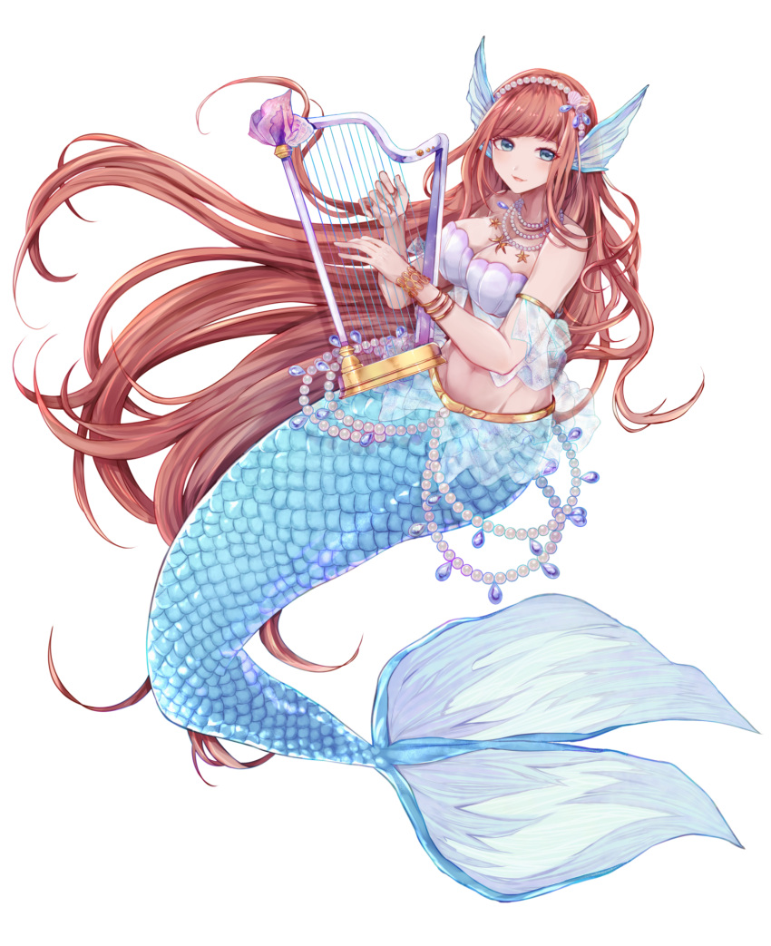 1girl armlet bangle bare_shoulders blue_eyes bracelet breasts brown_hair cleavage full_body groin hair_fins hairband harp highres instrument jewelry long_hair looking_at_viewer medium_breasts mermaid monster_girl music navel necklace original pearl_necklace playing_instrument ritoronpa seashell_bra seashell_hair_ornament smile solo very_long_hair
