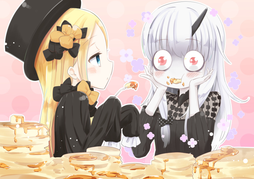 2girls :t abigail_williams_(fate/grand_order) anzu_yoshihiro bangs black_bow black_dress black_hat blonde_hair blue_eyes blush bow butter commentary_request dress eating eyebrows_visible_through_hair fate/grand_order fate_(series) feeding food food_in_mouth fork hair_between_eyes hair_bow hands_on_own_cheeks hands_on_own_face hat highres holding holding_fork horn lavinia_whateley_(fate/grand_order) long_hair long_sleeves multiple_girls orange_bow pancake parted_bangs parted_lips pink_background polka_dot polka_dot_background profile red_eyes silver_hair sleeves_past_wrists very_long_hair