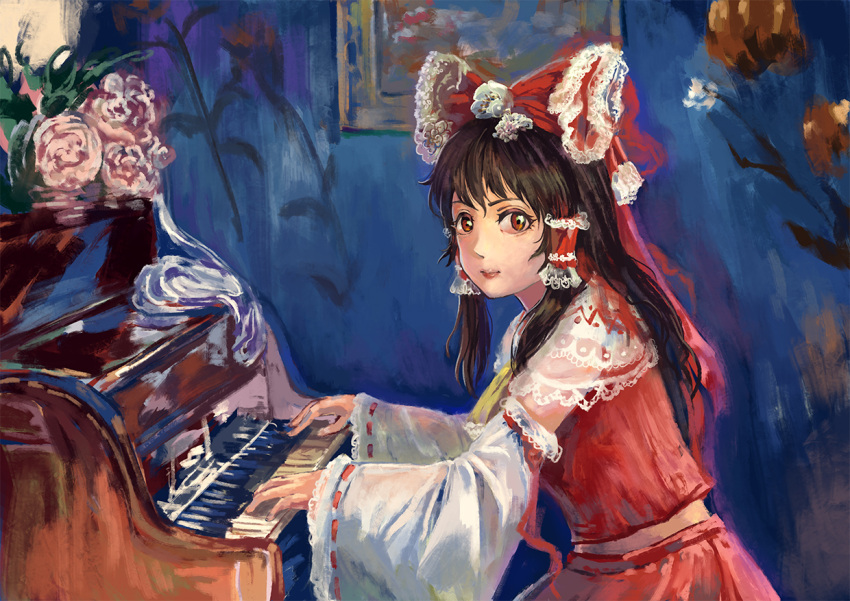 1girl amibazh black_hair bow brown_eyes commentary detached_sleeves faux_traditional_media fine_art_parody flower hair_bow hair_tubes hakurei_reimu indoors instrument lace long_hair looking_at_viewer looking_to_the_side midriff music parody piano picture_(object) playing_instrument playing_piano rose sidelocks smile solo touhou