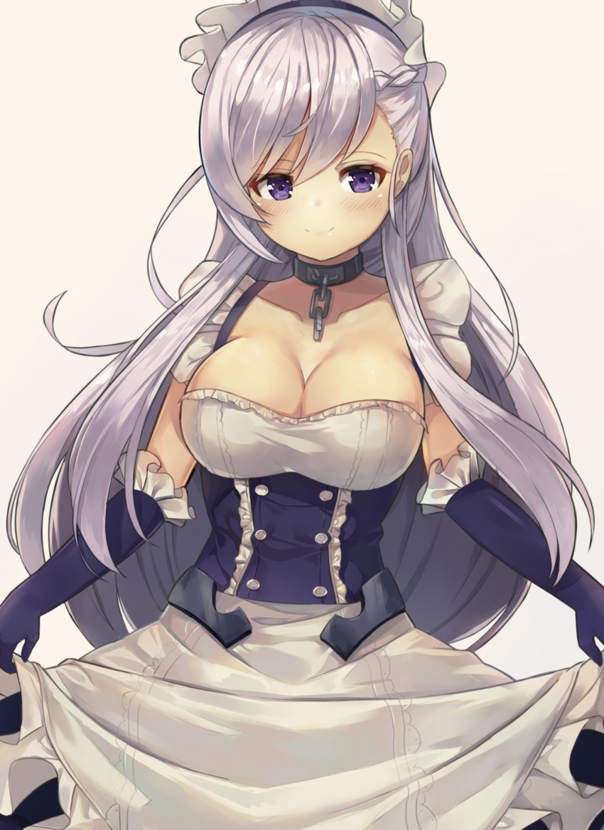 1girl apron azur_lane bangs beige_background belfast_(azur_lane) blue_dress blue_gloves blush braid breasts broken broken_chain buttons chains cleavage closed_mouth collar collarbone corset dress elbow_gloves eyebrows_visible_through_hair french_braid frilled_apron frilled_gloves frills gloves highres large_breasts long_hair maid_apron maid_headdress motokonut silver_hair simple_background skirt_hold smile solo very_long_hair violet_eyes white_apron