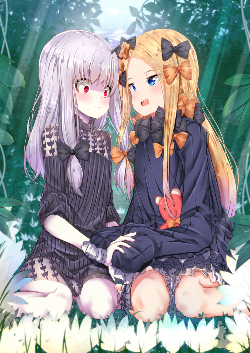 2girls :d abigail_williams_(fate/grand_order) bangs black_bow black_dress blonde_hair bloomers blue_eyes blue_sky blurry blurry_background blush bow butterfly closed_mouth clouds commentary_request day depth_of_field dress eye_contact fate/grand_order fate_(series) hair_bow hand_holding highres lavinia_whateley_(fate/grand_order) long_sleeves looking_at_another looking_at_viewer mad_(hazukiken) multiple_girls nature no_hat no_headwear object_hug open_mouth orange_bow outdoors parted_bangs polka_dot polka_dot_bow red_eyes seiza sitting sky sleeves_past_wrists smile stuffed_animal stuffed_toy sunlight teddy_bear underwear upper_teeth wariza wavy_mouth white_bloomers