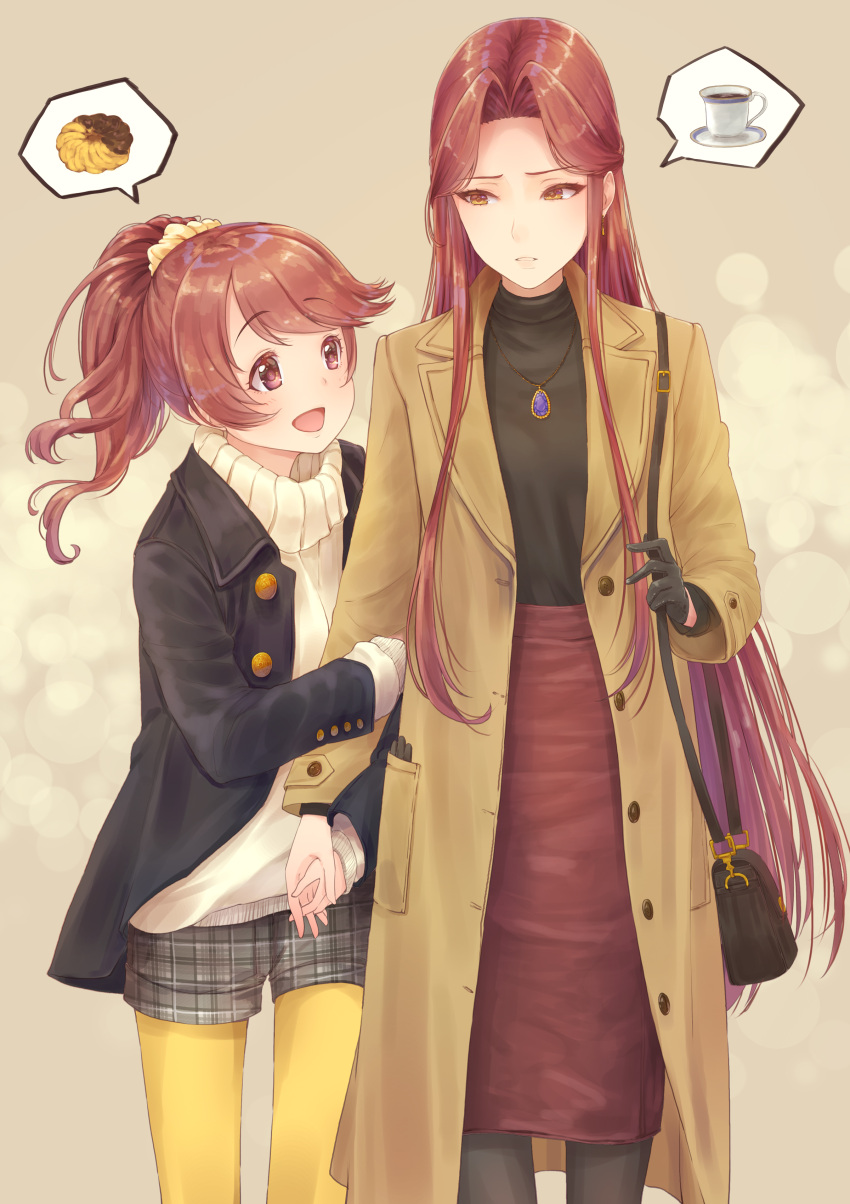 2girls :d absurdres arm_hug bag blush brown_background brown_eyes brown_hair coat coffee coffee_cup commentary cowboy_shot cup doughnut earrings eyebrows_visible_through_hair food gloves hair_ornament hair_scrunchie hand_holding handbag highres idolmaster idolmaster_cinderella_girls jewelry long_coat long_hair looking_at_another multiple_girls necklace open_mouth peppe plate ponytail redhead scrunchie shiina_noriko shorts shoulder_bag skirt smile speech_bubble spoken_food sweater thigh-highs yuri zaizen_tokiko