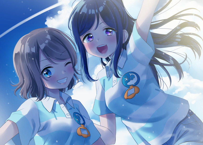 2girls :d arm_up blue_eyes blue_hair condensation_trail dolphin_print grey_hair grin highres hina_(hinalovesugita) long_hair love_live! love_live!_sunshine!! matsuura_kanan multiple_girls one_eye_closed open_mouth polo_shirt ponytail shirt short_hair short_sleeves sidelocks smile striped striped_shirt violet_eyes watanabe_you