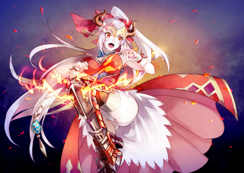 1girl :o aliza_(granblue_fantasy) arm_warmers armored_boots boots breasts commentary_request draph dress fighting_stance fire granblue_fantasy highres horns large_breasts leg_up long_hair panties pantyshot_(kicking) pointy_ears red_dress red_eyes sanbabasanba silver_hair solo underwear very_long_hair white_panties