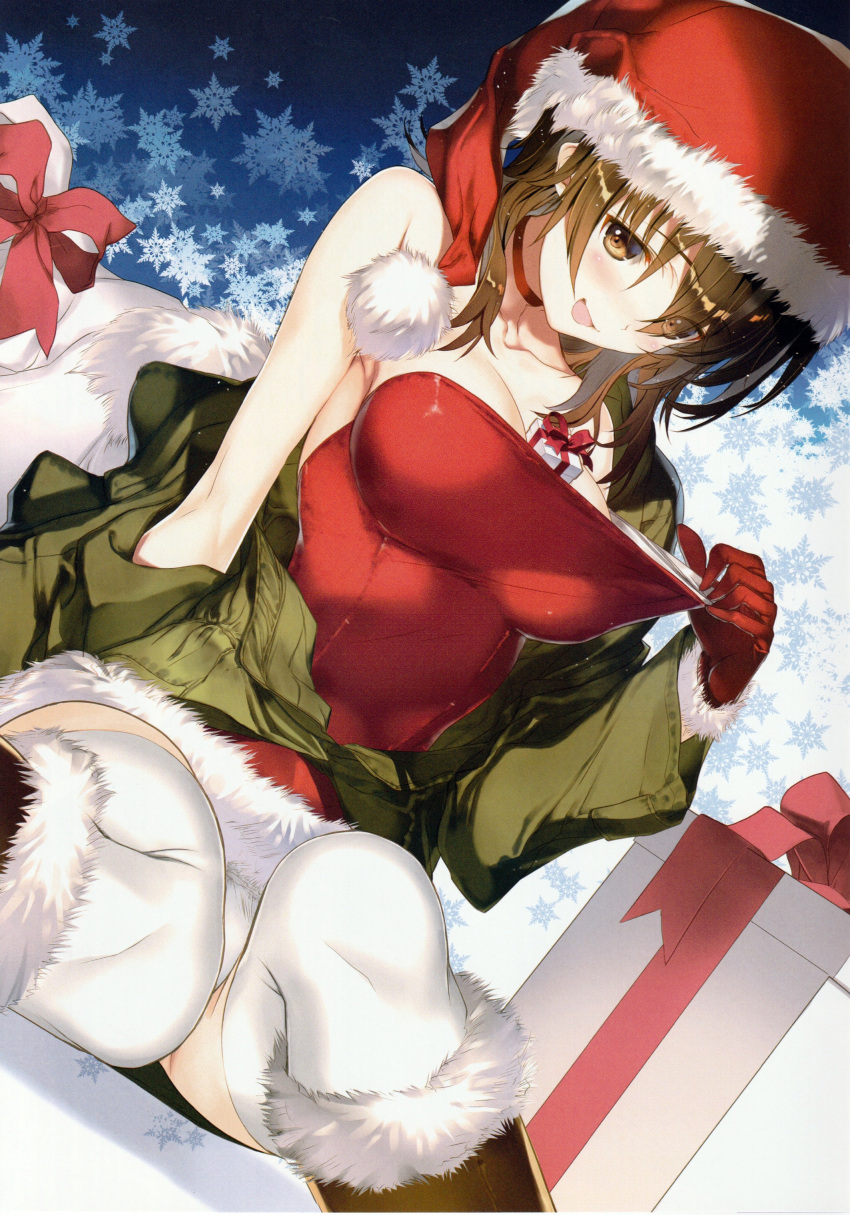 1girl absurdres bangs bare_shoulders blush boots box breasts brown_eyes brown_footwear brown_hair choker collarbone dress eyebrows_visible_through_hair fur_trim gift gift_box gloves hat highres jacket knee_boots long_sleeves looking_at_viewer medium_breasts nakamura_takeshi off_shoulder open_mouth panties red_gloves sack santa_hat scan short_dress sitting snowflake_background snowflakes solo strapless strapless_dress underwear white_album_2 white_legwear white_panties