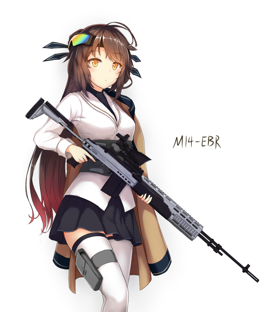 1girl bangs battle_rifle belt_pouch black_ribbon black_skirt blush breasts brown_hair brown_jacket closed_mouth collared_jacket expressionless eyebrows_visible_through_hair eyewear_on_head girls_frontline goggles goggles_on_head gun guo582 hair_ribbon highres jacket jacket_on_shoulders long_hair long_sleeves m14 m14_(girls_frontline) mid-stride multicolored_hair ribbon rifle shirt sidelocks simple_background skirt solo thigh-highs thigh_pouch thighs trigger_discipline twintails undershirt very_long_hair weapon white_background white_legwear white_shirt yellow_eyes zettai_ryouiki