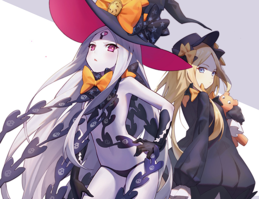2girls abigail_williams_(fate/grand_order) bangs black_bow black_dress black_gloves black_hat black_panties blonde_hair blue_eyes blush bow butterfly chunrijun_(springer) closed_mouth commentary_request dress dual_persona elbow_gloves fate/grand_order fate_(series) gloves hair_bow hand_on_hip hat hat_bow highres long_hair long_sleeves looking_at_viewer looking_back multiple_girls object_hug orange_bow pale_skin panties parted_bangs parted_lips print_bow revealing_clothes sleeves_past_wrists star star_print stuffed_animal stuffed_toy teddy_bear topless underwear v-shaped_eyebrows very_long_hair violet_eyes white_hair witch_hat