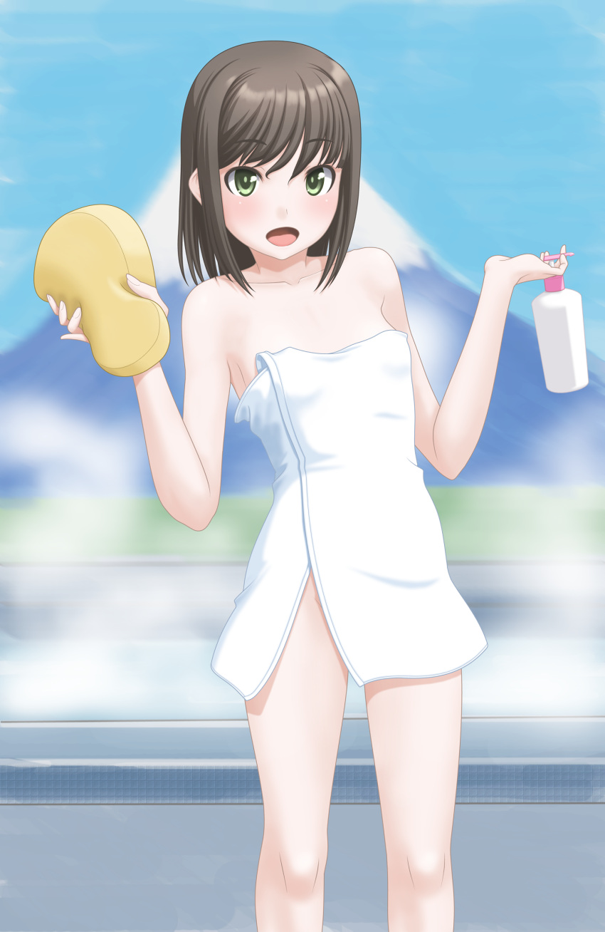 1girl alternate_hairstyle bathtub black_hair bottle cowboy_shot fubuki_(kantai_collection) green_eyes hair_down highres kantai_collection long_hair looking_at_viewer medium_hair mount_fuji naked_towel open_mouth solo sponge standing steam t2r towel volcano