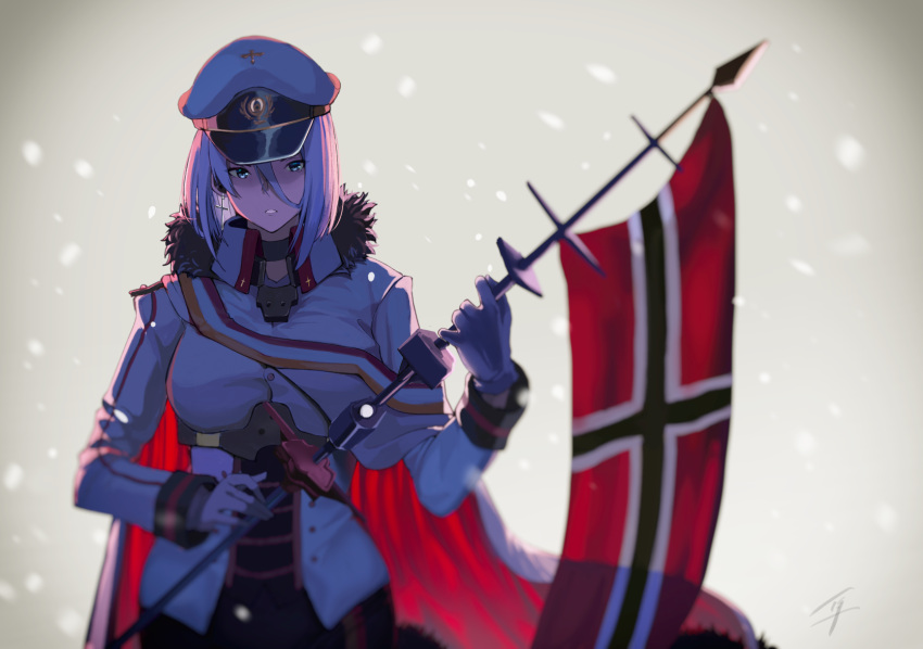 1girl azur_lane blue_eyes cape choker earrings eyebrows_visible_through_hair flag fur_collar gloves hair_between_eyes hat hayabusa highres holding holding_flag jewelry looking_at_viewer mast military military_uniform open_mouth peaked_cap red_cape short_hair signature silver_hair solo tirpitz_(azur_lane) uniform upper_body white_gloves wrist_cuffs