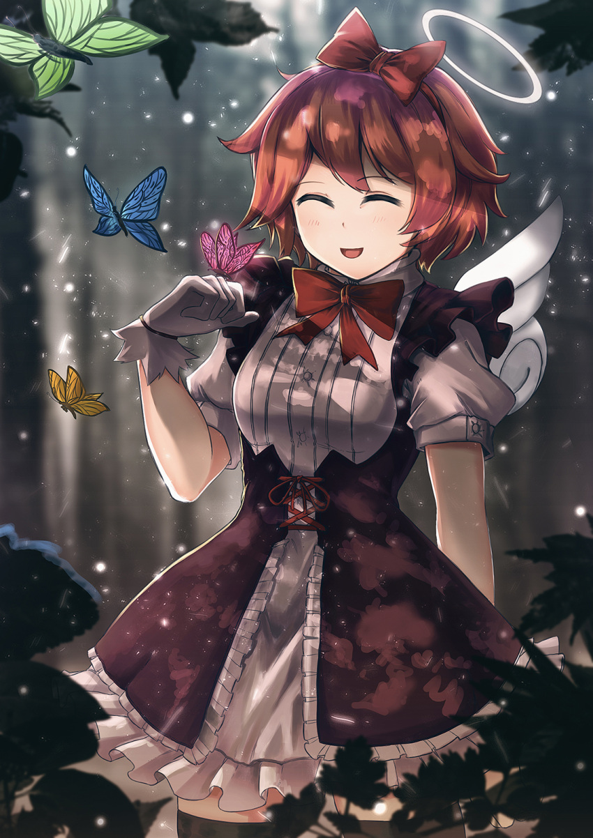 1girl :d alternate_costume angel_wings bangs black_legwear blurry blurry_background blurry_foreground blush bow breasts brown_hair butterfly butterfly_on_hand closed_eyes commentary cowboy_shot day doki_doki_literature_club dress eyebrows_visible_through_hair facing_viewer forest frilled_dress frilled_skirt frills hair_bow hair_ornament halo hand_up highres leaf looking_at_viewer maid medium_breasts nature open_mouth outdoors persocon93 puffy_sleeves red_bow ribbon sayori_(doki_doki_literature_club) short_hair short_sleeves skirt smile solo thigh-highs tree wings wrist_cuffs