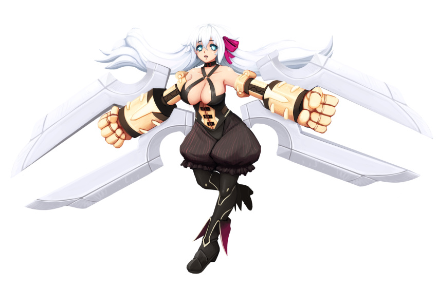 1girl arm_blade barbariank bare_shoulders black_heart black_legwear blue_eyes boots breasts cleavage collar commentary fate/extra fate/extra_ccc fate_(series) full_body fusion hair_ribbon highres large_breasts long_hair mechanical_arms neptune_(series) pantyhose passion_lip puffy_pants ribbon solo transparent_background weapon white_hair