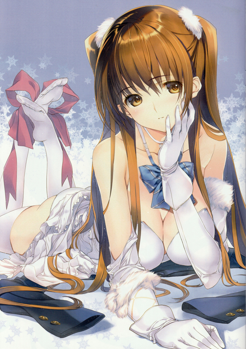 1girl absurdres bangs bare_shoulders bow bowtie breasts brown_eyes brown_hair cleavage collarbone dress elbow_gloves eyebrows_visible_through_hair feet fur_trim gloves hair_ornament highres large_breasts long_hair lying nakamura_takeshi no_shoes ogiso_setsuna on_stomach panties parted_lips scan simple_background snowflake_background snowflakes soles solo underwear white_album_2 white_dress white_gloves white_legwear white_panties