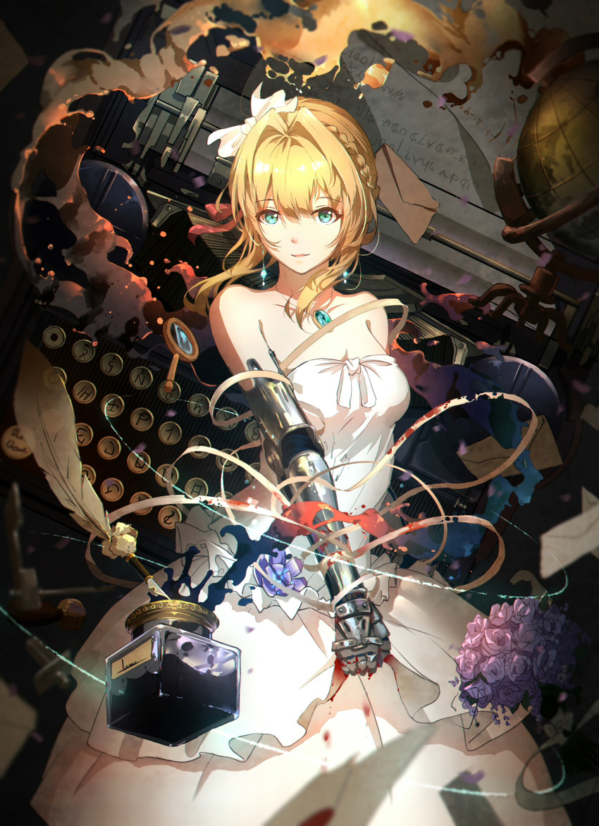 1girl absurdres alternate_costume bare_shoulders blonde_hair braid dress earrings green_eyes highres jewelry looking_at_viewer luomo mechanical_arm prosthesis prosthetic_arm sleeveless sleeveless_dress solo strapless strapless_dress typewriter violet_evergarden violet_evergarden_(character) white_dress