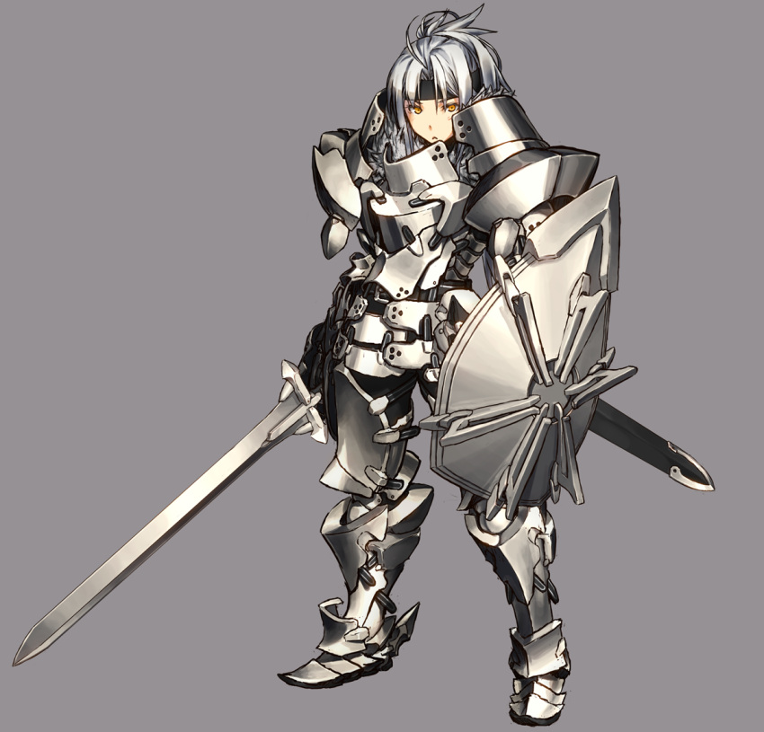 1girl armor boots brown_eyes full_body grey_background grey_hair headband holding holding_sword holding_weapon knight looking_at_viewer matsuki_akira original sheath shield solo standing sword weapon