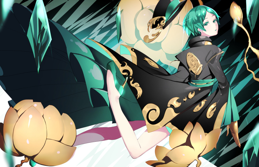 alternate_costume androgynous cloak flower gem golden_arms green_eyes green_hair high_heels highres houseki_no_kuni looking_at_viewer lotus phosphophyllite short_hair solo wide_sleeves