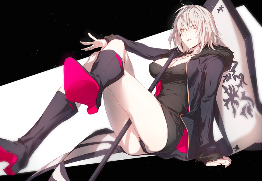 arm_on_knee arm_support ass bangs black_dress black_jacket black_panties boots breasts cleavage dress expressionless eyebrows_visible_through_hair eyes_visible_through_hair fate/grand_order fate_(series) flag flagpole fur-trimmed_jacket fur_trim hair_between_eyes high_heel_boots high_heels jacket jeanne_d'arc_(alter)_(fate) jeanne_d'arc_(fate)_(all) jewelry knee_boots legs_crossed light_particles long_sleeves looking_at_viewer myo_ne necklace open_clothes open_jacket outstretched_arm outstretched_hand panties pantyshot pantyshot_(sitting) parted_lips pendant pole short_dress short_hair silver_hair simple_background sitting thighs underwear white_skin