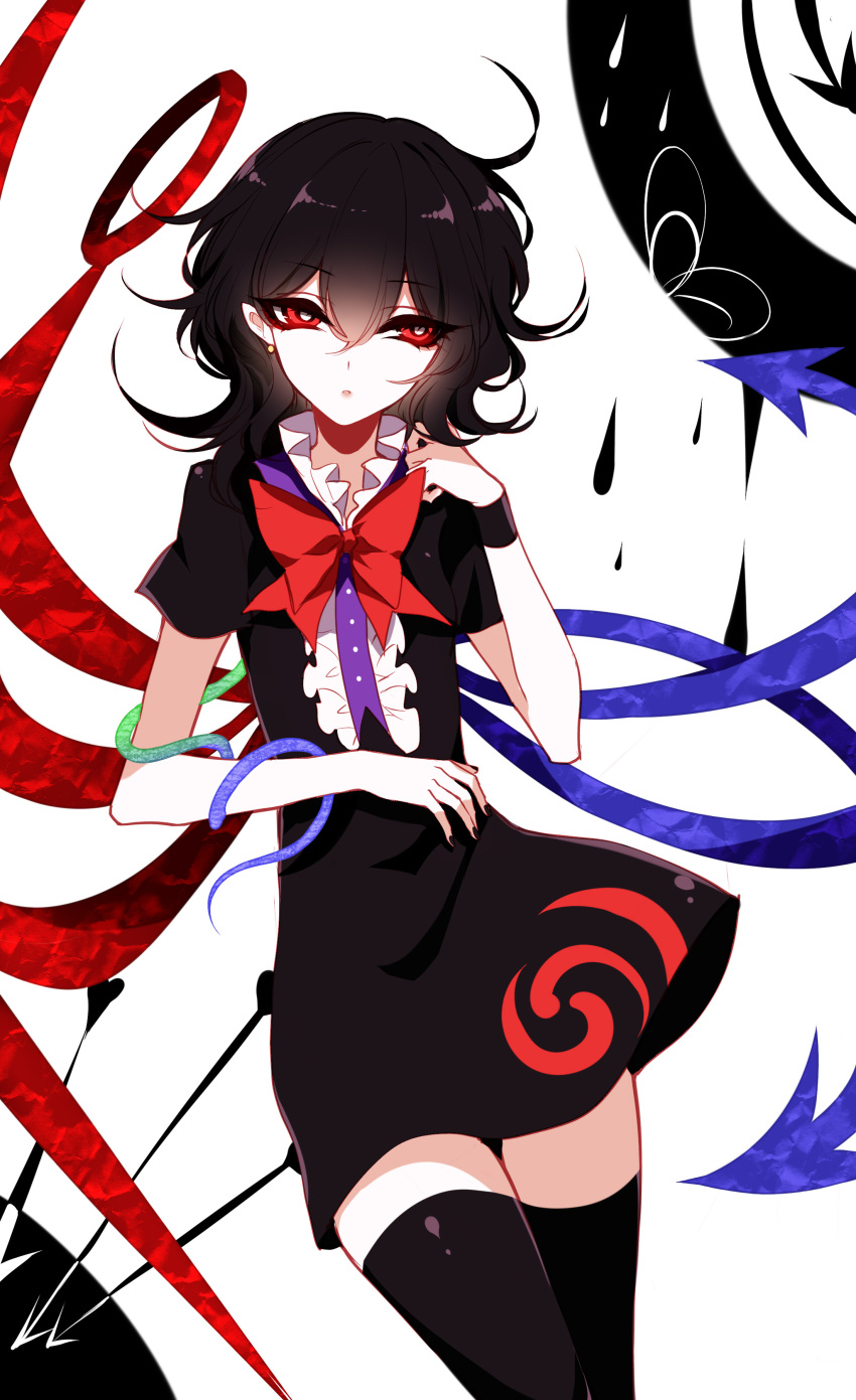 1girl absurdres asymmetrical_wings black_dress black_hair black_legwear bow dress ear_piercing highres houjuu_nue looking_at_viewer parted_lips piercing red_bow red_eyes red_neckwear sheya short_hair short_sleeves snake solo thigh-highs touhou wings wristband zettai_ryouiki