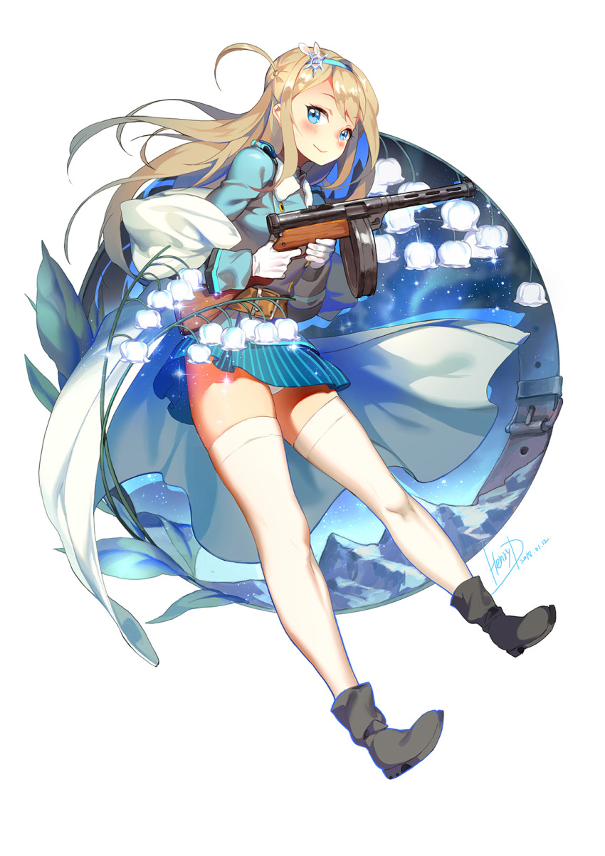 1girl ankle_boots bangs belt black_footwear blonde_hair blue_dress blue_eyes blush boots breasts brown_belt buckle closed_mouth coat collared_coat dated double-breasted dress eyebrows_visible_through_hair eyes_visible_through_hair floating floating_hair flower fur-trimmed_coat fur_trim girls_frontline gun hair_between_eyes hair_ornament hair_over_shoulder hairband heart henry_davis highres holding holding_gun holding_weapon lily_(flower) long_hair looking_at_viewer magazine_(weapon) medium_breasts military military_uniform miniskirt mountain off_shoulder open_clothes open_coat panties pantyshot petals sidelocks signature skirt smile solo submachine_gun suomi_kp/-31 suomi_kp31_(girls_frontline) symbol-shaped_pupils thigh-highs thighs underwear uniform weapon white_legwear white_panties zettai_ryouiki