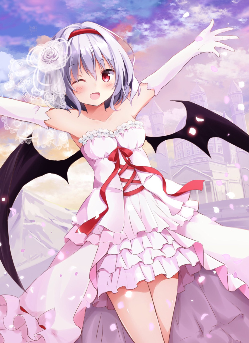 1girl armpits bat_wings blush breasts building collarbone commentary_request cowboy_shot dress elbow_gloves eyebrows_visible_through_hair flower gloves hair_flower hair_ornament hairband highres hyurasan lavender_hair looking_at_viewer no_hat no_headwear one_eye_closed open_mouth outstretched_arms petals red_eyes red_hairband remilia_scarlet short_hair sky small_breasts smile solo strapless strapless_dress touhou white_dress white_flower white_gloves wings
