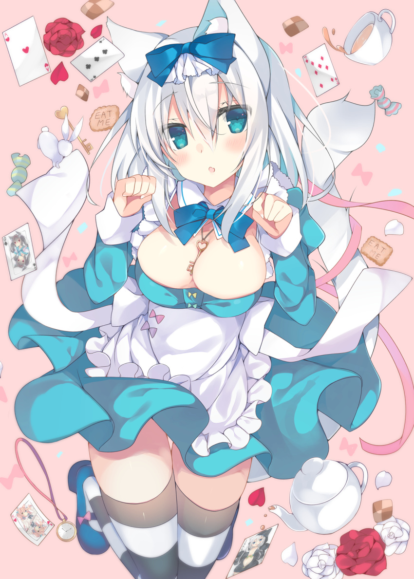 1girl :o animal_ears blue_eyes blush bow breasts card cat_ears cat_tail cleavage cup flower hair_bow highres jewelry key looking_at_viewer medium_breasts original paw_pose pendant playing_card rose satsuki_mayuri short_hair solo striped striped_legwear tail teacup teapot thigh-highs white_hair