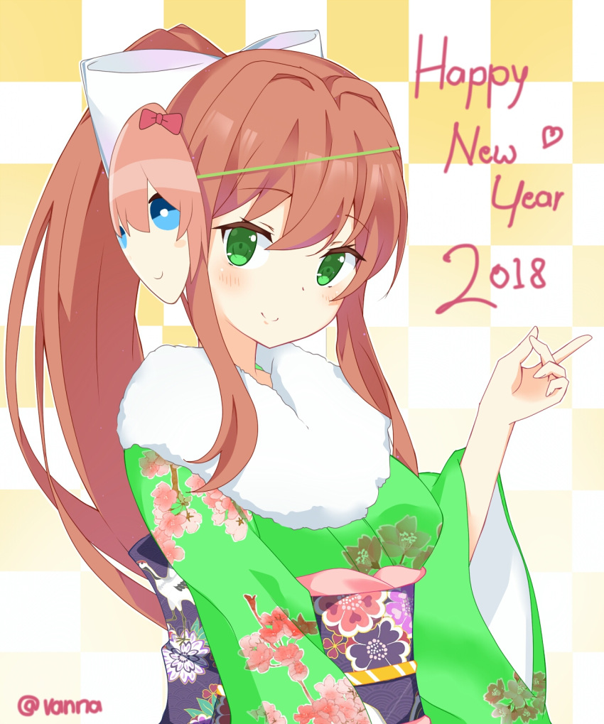 1girl 2018 alternate_costume artist_name bangs blush bow breasts brown_hair checkered checkered_background closed_mouth commentary doki_doki_literature_club eyebrows_visible_through_hair floral_print fur-trimmed_kimono fur_trim green_eyes green_kimono hair_bow hand_up happy_new_year highres japanese_clothes kimono long_hair long_sleeves looking_at_viewer mask mask_on_head medium_breasts monika_(doki_doki_literature_club) new_year obi ponytail sash sayori_(doki_doki_literature_club) sidelocks signature smile solo upper_body vanna white_bow wide_sleeves yellow_background