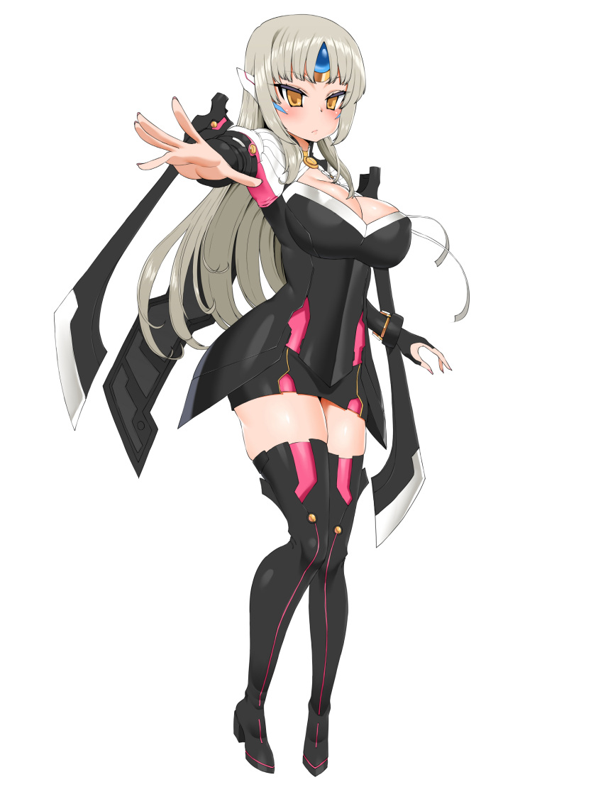 1girl absurdres black_legwear blush boots breasts cleavage elsword eve_(elsword) full_body grey_hair headgear high_heels highres large_breasts long_hair looking_at_viewer nail_polish pink_nails simple_background smh1069 solo standing thigh-highs thigh_boots white_background yellow_eyes