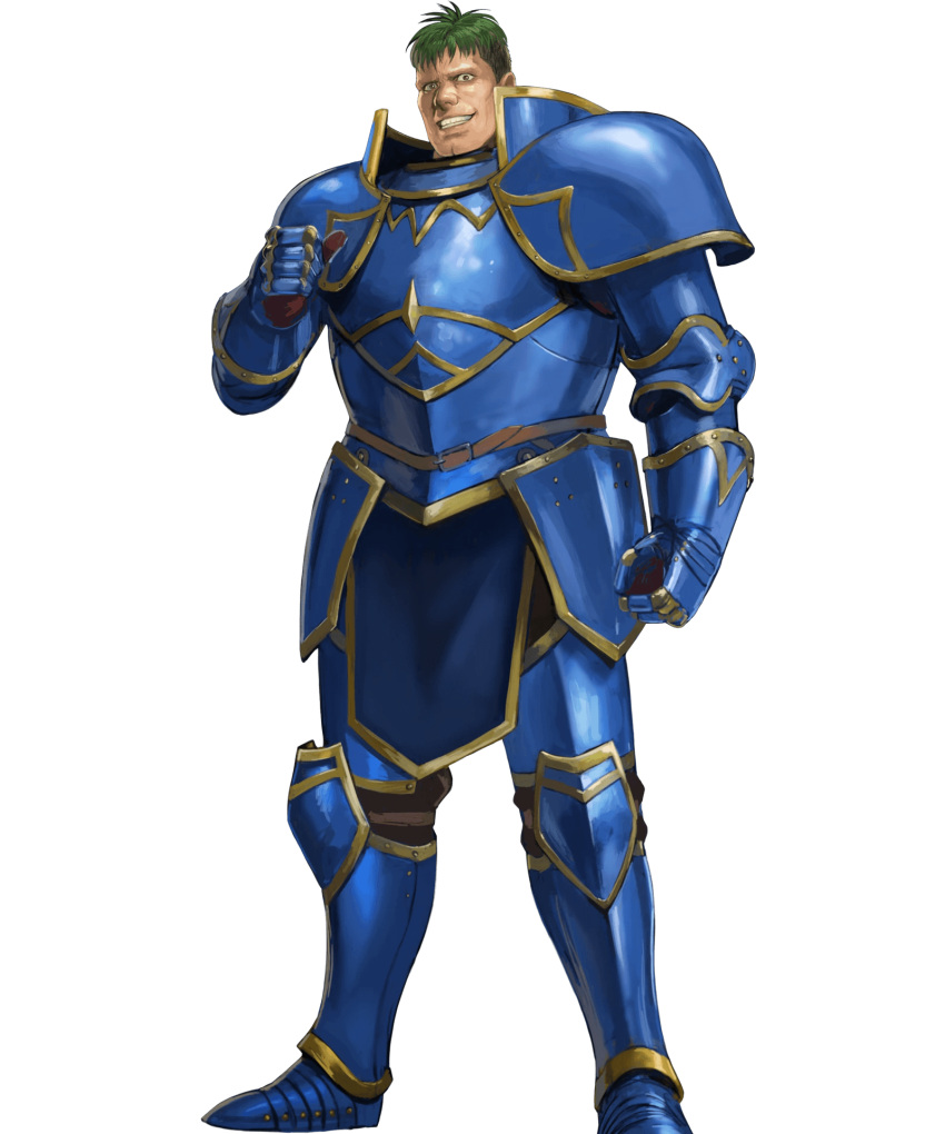 1boy arden_(fire_emblem) armor armored_boots belt blue_armor boots brown_eyes cleft_chin fire_emblem fire_emblem:_seisen_no_keifu fire_emblem_heroes gauntlets greaves green_hair grin highres ippei_soeda male_focus nose official_art realistic short_hair shoulder_armor smile solo teeth