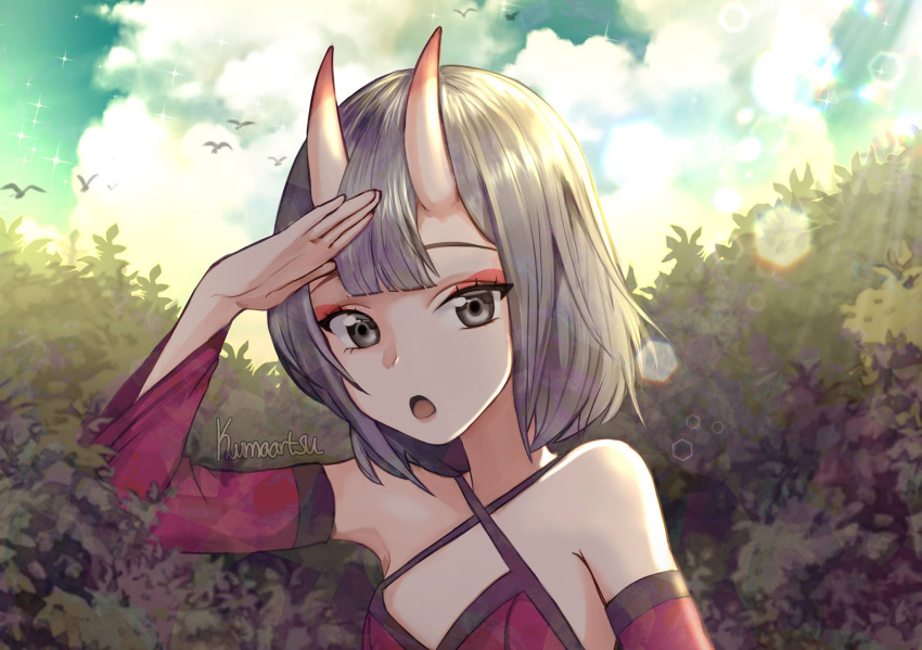 1girl :o artist_name bangs bare_shoulders bird breasts bush clouds commentary day detached_sleeves dress grey_eyes grey_hair hand_up highres horns kumaartsu lens_flare looking_at_viewer medium_breasts open_mouth original outdoors portrait red_dress salute short_hair sky solo sunlight upper_body wide_sleeves