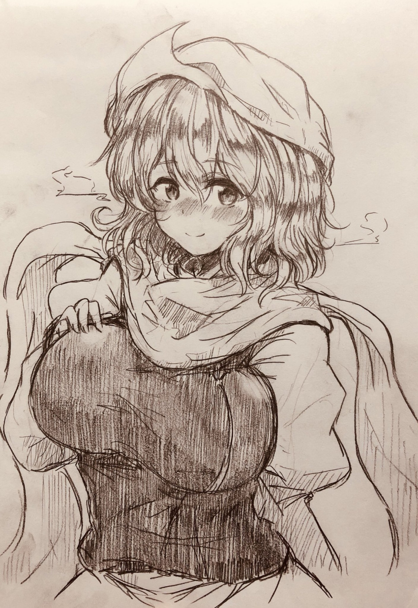 1girl bangs blush breasts closed_mouth efukei eyebrows_visible_through_hair hair_between_eyes hat highres lapel_pin large_breasts letty_whiterock long_sleeves looking_at_viewer monochrome puffy_sleeves scarf short_hair solo touhou traditional_media