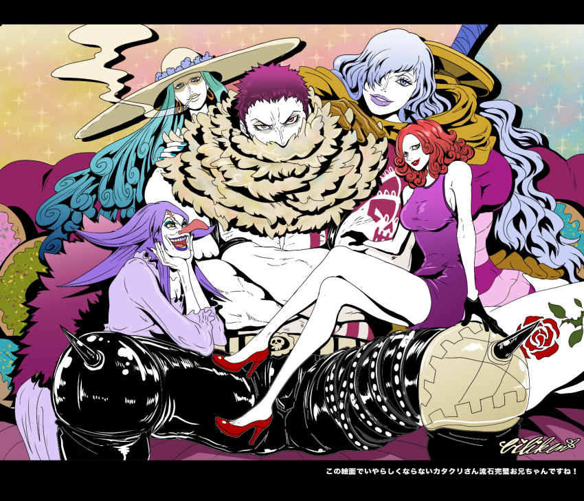1boy 4girls aqua_eyes aqua_hair arm_tattoo artist_name bare_arms bare_chest bare_legs bare_shoulders belt belt_buckle biliken black_gloves brother_and_sister buckle charlotte_amande charlotte_brulee charlotte_galette charlotte_katakuri charlotte_smoothie chest chest_tattoo cigarette couch covered_mouth crossed_arms curly_hair curvy doughnut dress earrings flower_tattoo food gloves hair_over_one_eye hand_on_another's_shoulder hand_on_hip hands_up hat head_rest head_tilt heels high_heels highres hoop_earrings jewelry lavender_eyes lavender_hair leather leather_pants leg_tattoo legs_crossed letterboxed lips long_dress long_hair long_nose looking_at_another looking_at_viewer mouth_hold multiple_girls no_shirt on_couch one_piece open_clothes open_mouth open_vest pants parted_lips pink_eyes purple_hair purple_legwear purple_lips red_footwear red_lips redhead scar scarf short_dress short_hair siblings signature sitting sitting_on_lap sitting_on_person size_difference skull sleeveless sleeveless_dress smile smoking sparkle_background spikes spread_legs sun_hat tattoo thighs tsurime very_long_hair very_short_hair vest weapon weapon_on_back white_skin yellow_eyes