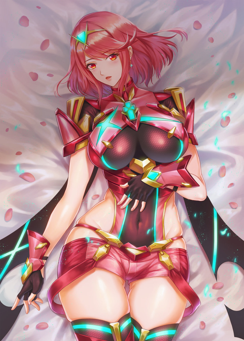 1girl absurdres bed blush breasts covered_navel earrings fingerless_gloves gloves hair_ornament highres pyra_(xenoblade) jewelry large_breasts looking_at_viewer pengnangehao petals red_eyes redhead short_hair shorts sidelocks simple_background smile solo tiara xenoblade xenoblade_2
