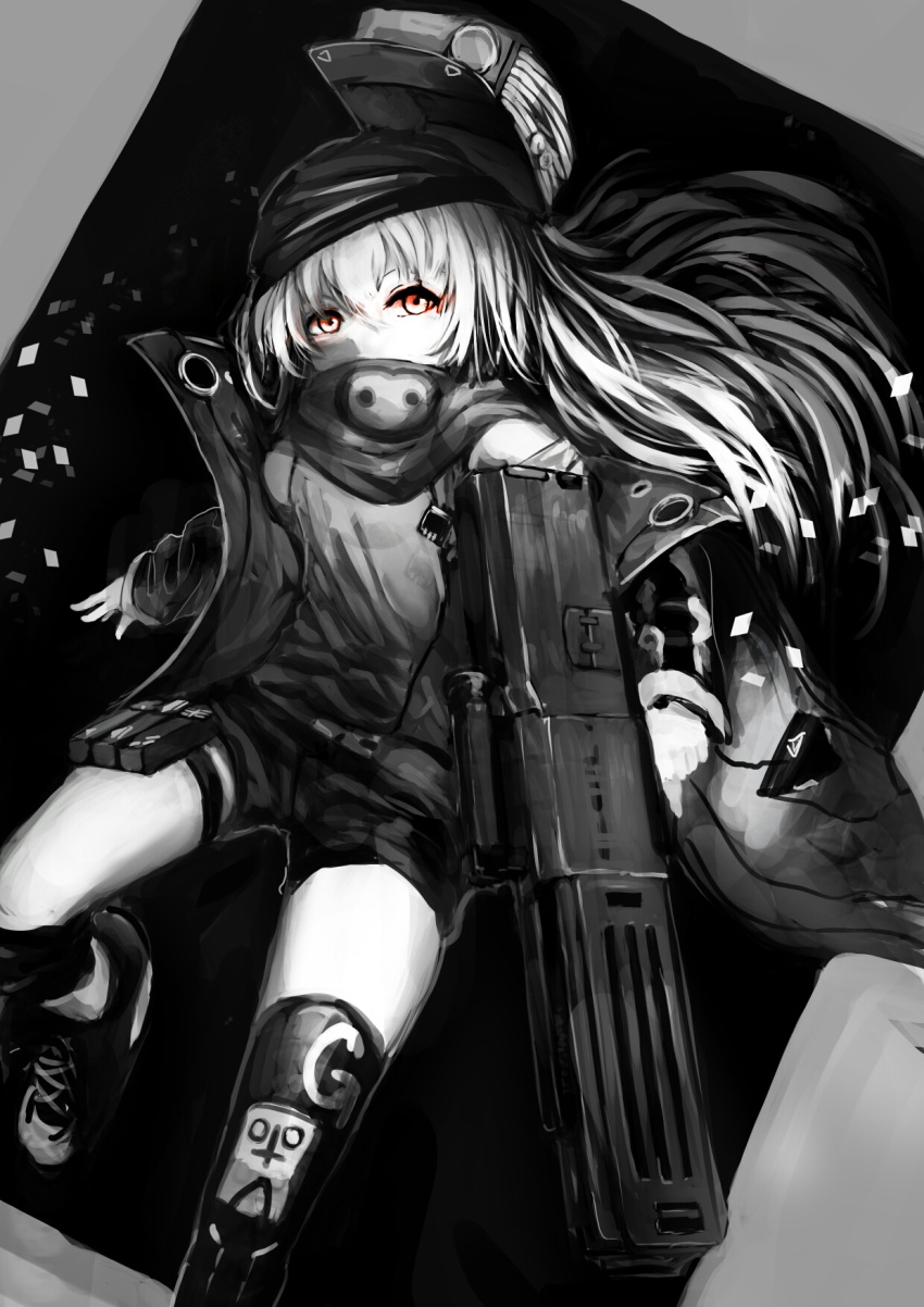 1girl ammunition_pouch assault_rifle bangs belt breasts brown_eyes buckle collared_jacket covered_mouth dalazi eyebrows_visible_through_hair floating_hair g11 g11_(girls_frontline) girls_frontline gun hair_between_eyes hat highres holding holding_weapon jacket knee_pads long_hair long_sleeves looking_at_viewer magazine_(weapon) monochrome multiple_girls off_shoulder one_leg_raised open_clothes open_jacket outstretched_arm outstretched_hand rifle scarf scarf_on_head scope shirt shorts sidelocks solo strap thigh-highs thigh_strap trigger_discipline very_long_hair weapon