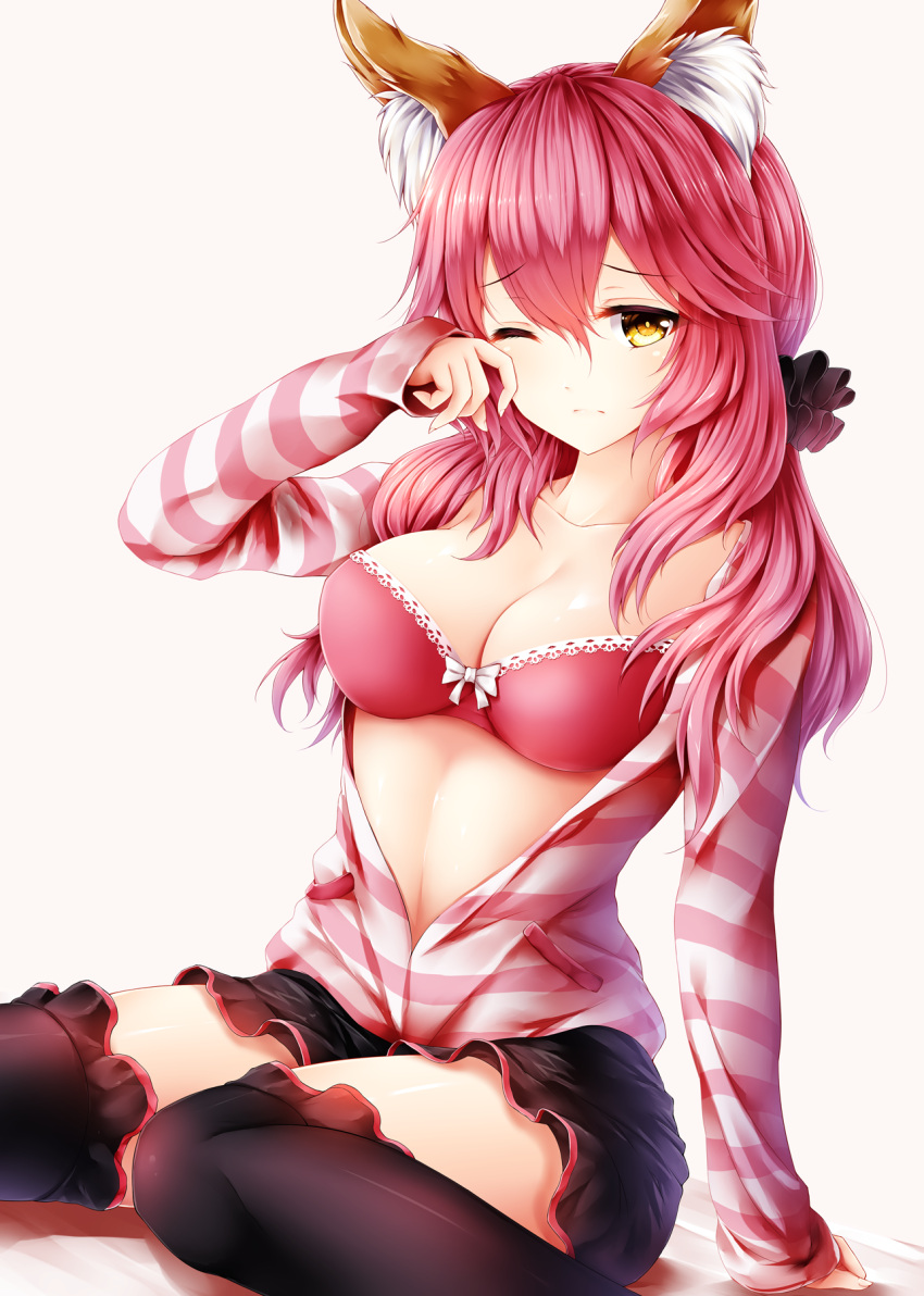 1girl animal_ears bra breasts cleavage ears_through_headwear eyebrows_visible_through_hair fate/extra fate/grand_order fate_(series) fox_ears fox_tail highres long_hair long_sleeves medium_breasts one_eye_closed pink_bra pink_hair rubbing_eyes simple_background sitting sleepy solo striped tail tamamo_(fate)_(all) tamamo_no_mae_(fate) thigh-highs underwear wariza white_background wsman yellow_eyes