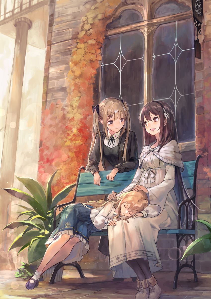 3girls :d absurdres bench black_dress black_legwear blonde_hair blue_eyes blue_skirt brown_eyes brown_hair capelet closed_eyes closed_mouth commentary_request dress eye_contact grey_dress grey_footwear hairband highres kobutakurassyu lap_pillow long_hair long_skirt long_sleeves looking_at_another multiple_girls open_mouth original outdoors pantyhose plant potted_plant purple_footwear shoes sitting skirt smile socks standing twintails white_legwear